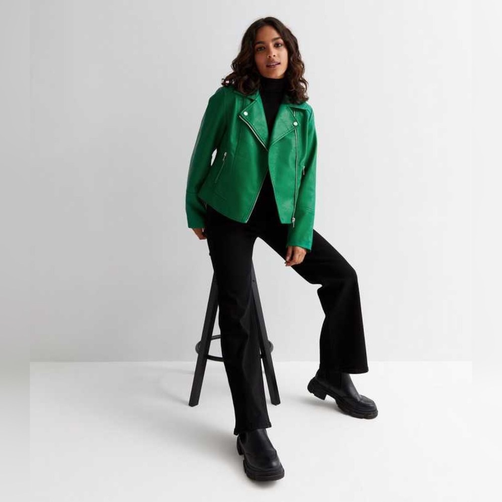 New Look Green Quilted Leather-Look Biker Jacket - NWT